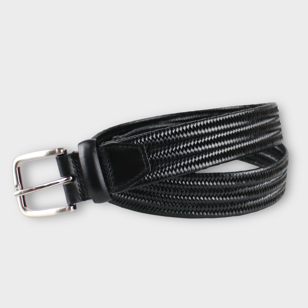 Men's Black Stretch Braided Belt 38" – Woven‎ Elastic Webbing, Silver Buckle